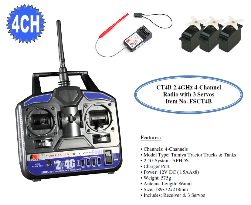 FlySky FS-T4B 2.4GHz 4 Channel Radio with 3 Servos